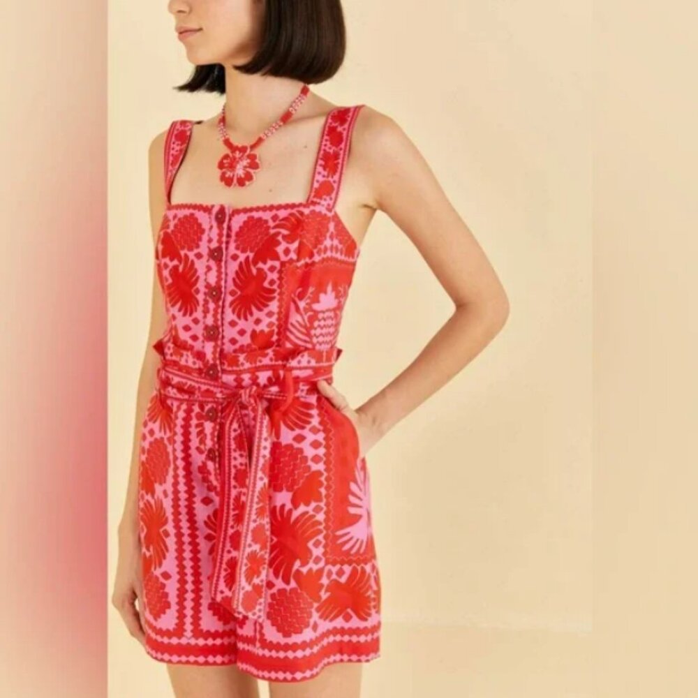 Farm Rio Red Jungle Scarf Romper - Large